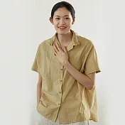 旅途原品_匠_原創設計棉麻手工扣拼接襯衫M黃色