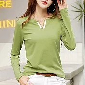 【初色】V領長袖修身百搭T恤-共6色-94034(M-2XL可選)M抹茶綠