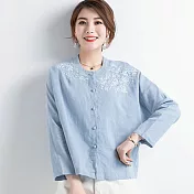 【初色】文藝寬鬆純色刺繡襯衫-淺藍色-94056(M-2XL可選)M淺藍色