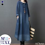 【A.Cheter】希臘風尚復古刷色顯瘦牛仔長洋裝#105295 M 藍