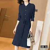 【Jilli~ko】腰際修飾抽繩木釦飾針織洋裝 J7164 FREE深藍