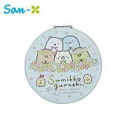 【日本正版授權】角落生物 皮革雙面摺疊鏡 化妝鏡/隨身鏡/補妝鏡 角落小夥伴 -藍花冠款