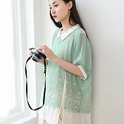 【MsMore】花精靈刺繡側開衩翻領層次撞色冰涼絲上衣#106236M果綠