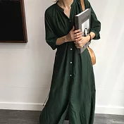 【MsMore】氧氣少女極簡單排扣七分袖棉麻洋裝#106404 F 墨綠