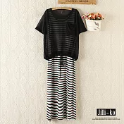【Jilli~ko】韓版網紗罩衫+條紋洋裝休閒套裝 J7517　FREE黑色