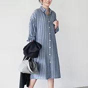 【MsMore】韓國氣質寬鬆舒適中長條紋開襟襯衫#106527 M 灰