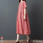 【A.Cheter】桐花詩意文藝條紋寬鬆棉麻洋裝#106672 L 紅
