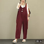 【Jilli~ko】簡約休閒寬版吊帶連身褲 J7812 FREE深紅