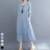 【MsMore】法國香風蕾絲彈力寬鬆長袖洋裝#107461M藍