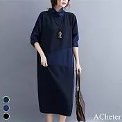 【A.Cheter】希臘風拼接寬鬆暖織棉洋裝#108067L藏青