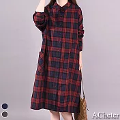 【A.Cheter】文青藝術格紋棉襯杉洋裝#108506 L 紅