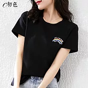 【初色】簡約彩虹刺繡T恤-黑色-98298(M-2XL可選) L 黑色