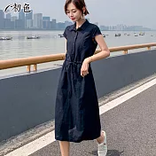 【初色】純色繫帶棉麻洋裝-共2色-96902(M-2XL可選) L 藏青色