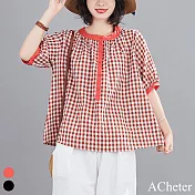 【ACheter】文藝世家格紋寬鬆棉麻上衣#108919- M 紅