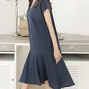 【ACheter】夏日閃之舞律動棉麻寬鬆V領洋裝#109228- F 藏青