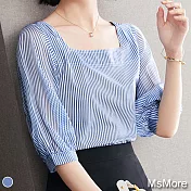 【MsMore】藍色甜美條紋時尚雪紡泡泡五分袖上衣#109280- M 藍