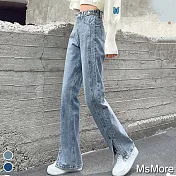 【MsMore】夏戀薄款高腰直筒雙壓垂修長寬鬆牛仔拖地褲#109341- L 藍(全長)