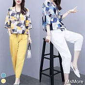 【MsMore】時尚幾何印花寬鬆棉麻九分休閒褲2件式套裝#109393- L 黃