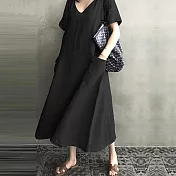 【ACheter】亞馬遜爆款自然風棉麻V領簡約洋裝#109312- M 黑