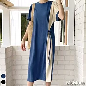 【MsMore】韓國東大門撞色絲柔棉質涼爽寬鬆洋裝#109491- F 藍