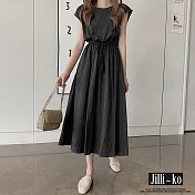 【Jilli~ko】棉麻抽繩繫腰背心連衣裙 8068 M-XL  M 黑色