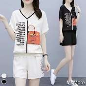 【MsMore】品牌包印花V領涼爽短褲2件式套裝#109394 M 白