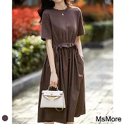 【MsMore】英國王妃藏肉抽繩摺花精梳棉寬鬆獨特洋裝#109586- M 棕