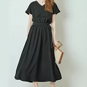 【ACheter】日本百搭V領高腰簡約氣質棉麻洋裝#109373- M 黑