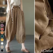 【ACheter】日本復古亞麻棉休閒鬆緊腰寬鬆九分燈籠褲#109646- XL 棕