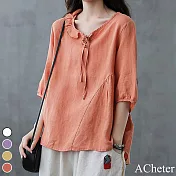 【ACheter】亞麻棉感少女自然風寬鬆七分袖上衣#109791- XL 橘