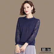 【Jilli~ko】蕾絲袖冰絲薄款針織衫 J8232　 FREE 深藍色