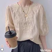 【MsMore】歐洲時尚精選刺繡泡泡袖寬鬆上衣#110142- XL 杏