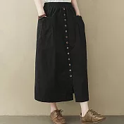 【ACheter】棉質大口袋開衩寬鬆鬆緊腰顯瘦長裙#110045- L 黑