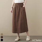【ACheter】棉質大口袋開衩寬鬆鬆緊腰顯瘦長裙#110045- L 咖