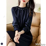 【MsMore】迷人香氣珍珠裝飾顯瘦洋裝#110915- L 藏青