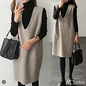 【ACheter】韓版雙面毛呢背心洋裝兩件式套裝#111088- M 卡其