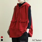 【ACheter】大碼連帽俐落口袋寬鬆暖呢背心#111082- L 紅