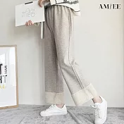 【AMIEE】率性簡約拼接毛呢純色百搭寬褲(KDP-632) XL 灰色