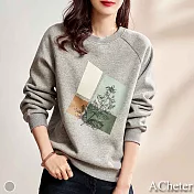 【ACheter】氣質印花圓領寬鬆棉T上衣#111597- M 灰
