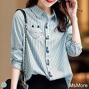 【MsMore】新款小貓刺繡設計感雪紡條紋襯衫#111689- M 藍