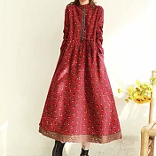 【ACheter】森林系復古風碎花蕾絲邊收腰顯瘦寬鬆洋裝#111752- L 紅