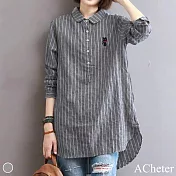 【ACheter】日系文藝刺繡條紋大碼襯衫上衣#11673- XL 灰