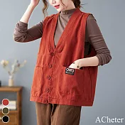 【ACheter】復古純棉寬鬆純色開衫V領背心外套#111800- L 紅