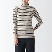 [MUJI無印良品]女有機棉混彈性針織半高領T恤 XL 米色直紋