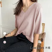【Lockers 木櫃】春秋慵懶風V領素色上衣-3色 L111021117 FREE 粉色