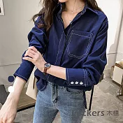 【Lockers 木櫃】春秋輕熟女韓版襯衫-2色 L111021125 FREE 深藍色