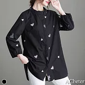 【ACheter】愛心刺繡棉麻純色舒適襯衫上衣#111823- 2XL 黑