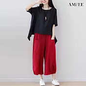 【AMIEE】休閒舒適兩件套裝(上衣+寬褲)(KDA-1831) M 黑衣紅褲