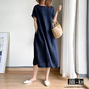 【Jilli~ko】純色日系棉麻感連衣裙 M-L J8084  L 深藍色