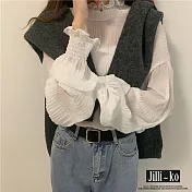 【Jilli~ko】新款韓版百搭木耳邊雪紡蕾絲襯衫褶皺半高領喇叭袖上衣 J8703　 FREE 白色